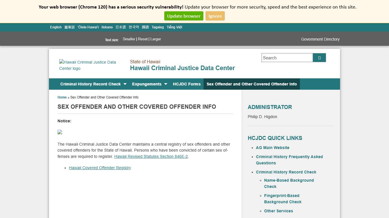 Hawaii Criminal Justice Data Center Sex Offender and Other Covered Offender Info