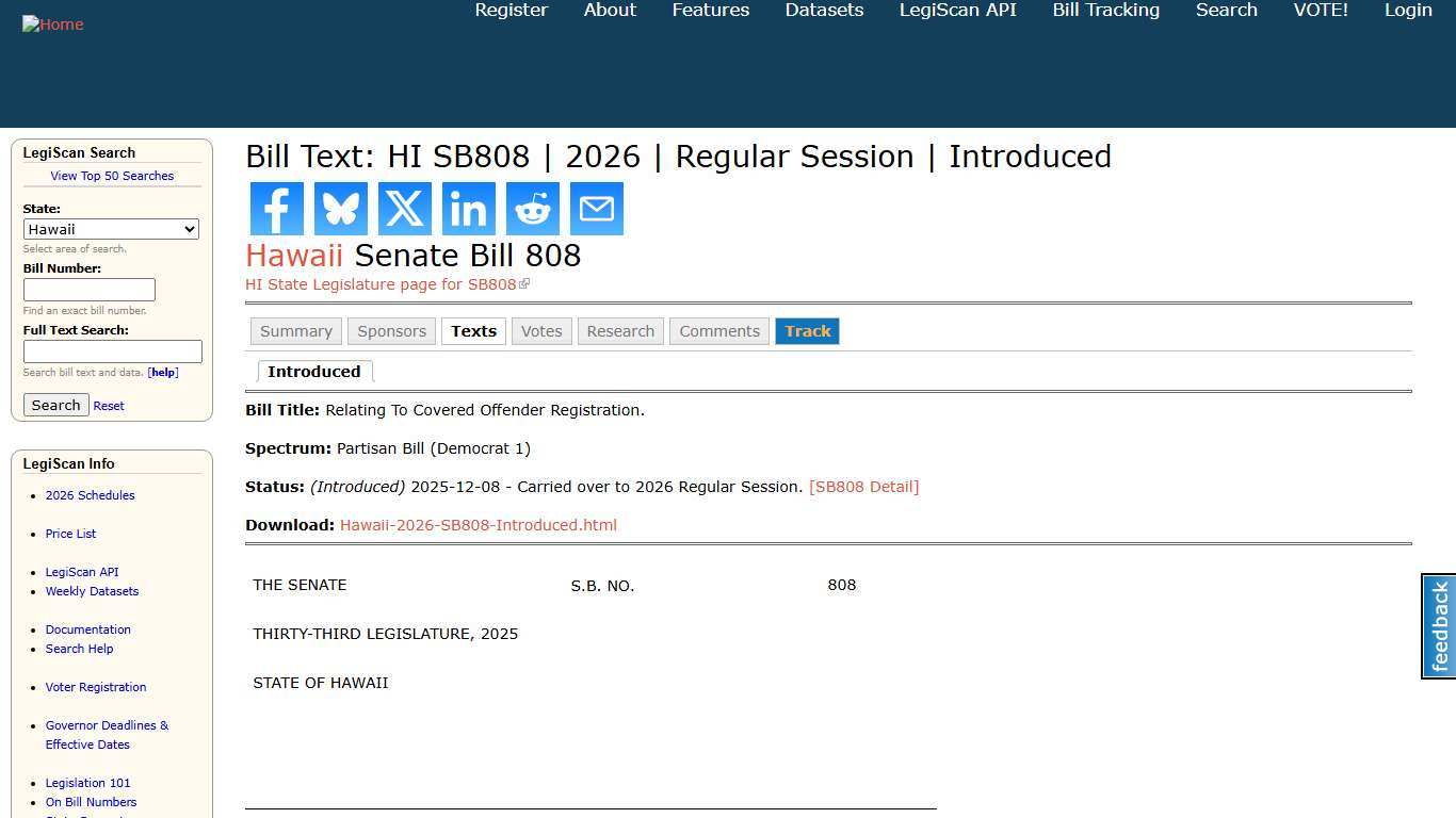 Bill Text: HI SB808 2026 Regular Session Introduced LegiScan
